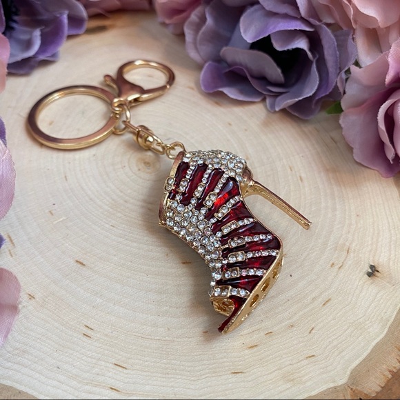 Red & Gold Crystal High Heel Shoe on Gold Keychain - Picture 4 of 8